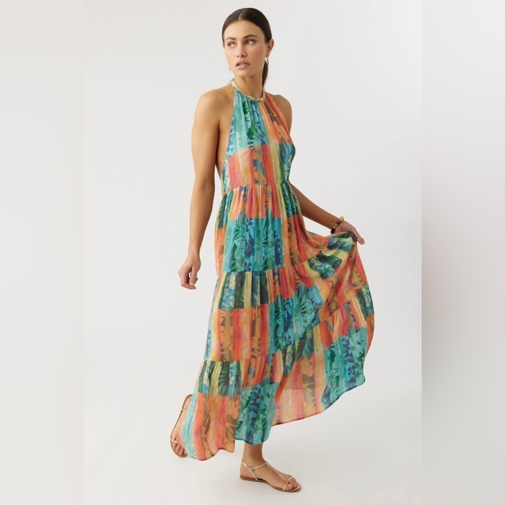 O'Neill Jennifer Dress - Multi Colored Blue and Orange Halter Sundress NWT XS